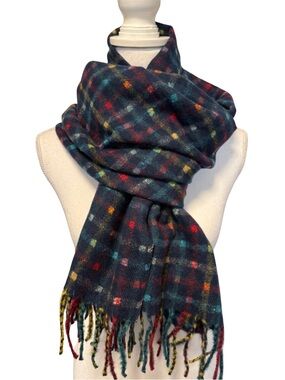 Fadivo NWT Navy Plaid Dot Reversible Scarf Multicolor Accents  Women One Size